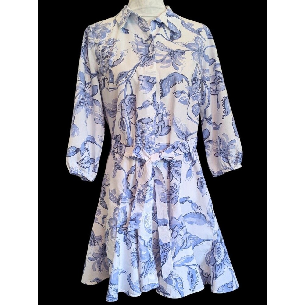Cynthia Steffe Shirt Dress Classic Blue Chintz Gored Skirt Knee-Length Sz Medium